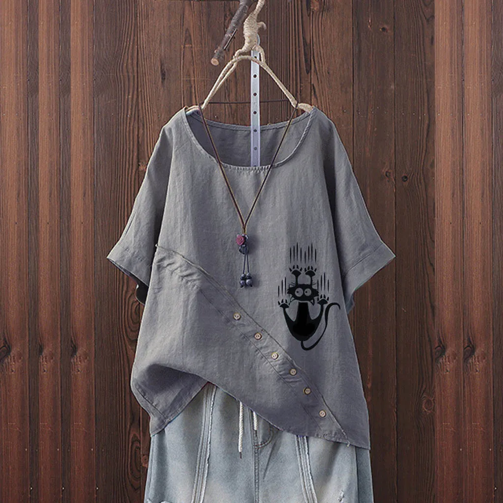 Plus Size Women Blouse Autumn Short Sleeve O-Neck Funny Cat Print Cotton Linen Blouse Fall Women Tops And Blouses Dames Kleding
