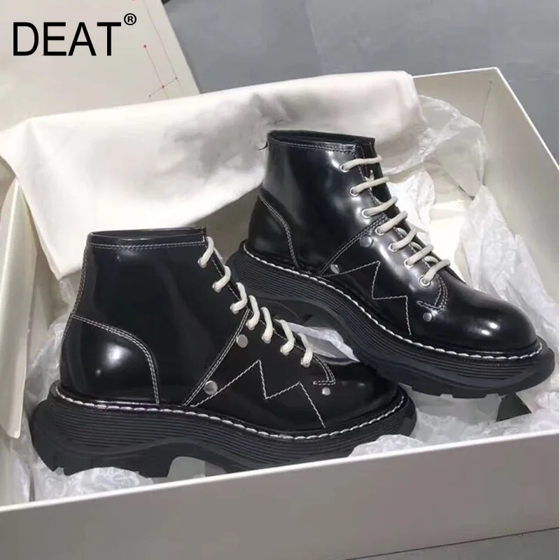 

[DEAT]2019 Round Toe Bandage Personality Casual Pu Leather Velvet Women Thick Bottom Short Boots New Autumn Winter Tide 19I-a197