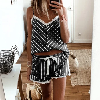 

2pcs/set Womens Stripe Short Pajamas Set Sleeveless Camisole Shorts Set Plus Size Summer Nightwear Sleepwear