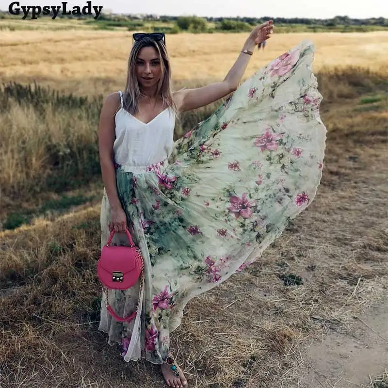 GypsyLady Цветочная Бохо длинная юбка макси эластичная плиссированная юбка с большим подолом Женская шикарная xanadu летняя юбка Новинка faldas