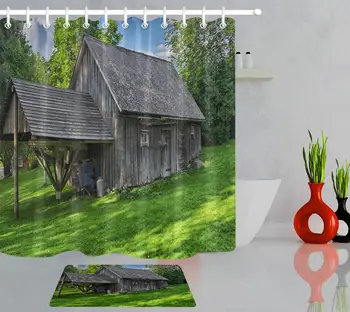 

Rustic Barn Shower Curtain Green Grass Hillside Old Wooden Barn Spring Rural Scenery Fabric Bath Curtain Farmhouse Decoration