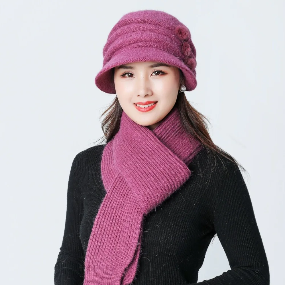 Новая зимняя женская шапка с кроличьим мехом, шарф, комплект из теплой шерсти, вязаные плюс бархатные наборы шарф шапка для мам, подарки, флисовая шаль