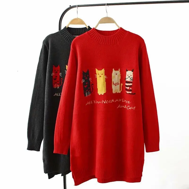 

Plus size donkergrijs & rode cartoon winter vrouwen truien Coltrui Gebreide casual dames oversize trui wol vrouwelijke 4XL