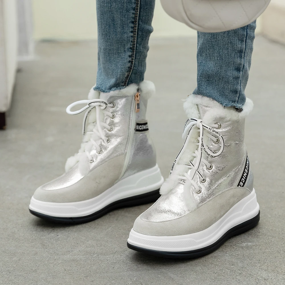 

Plus Size 34-43 Fashion Winter Fur Plush Women Boot Lace Up Wool Fur Warm Ankle Boots Snow Boots Shoe Outdoor Non-slip Platforms