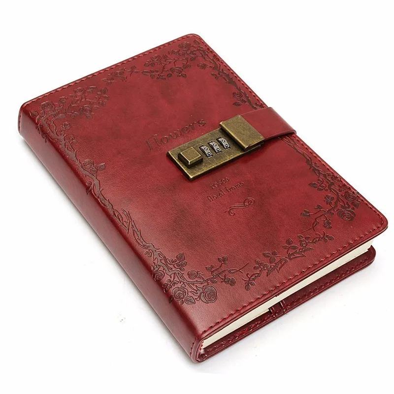 

B6 Retro Red Rose Leather Wired Journal Diary Blank Paper Notebook With Lock Sketchbook