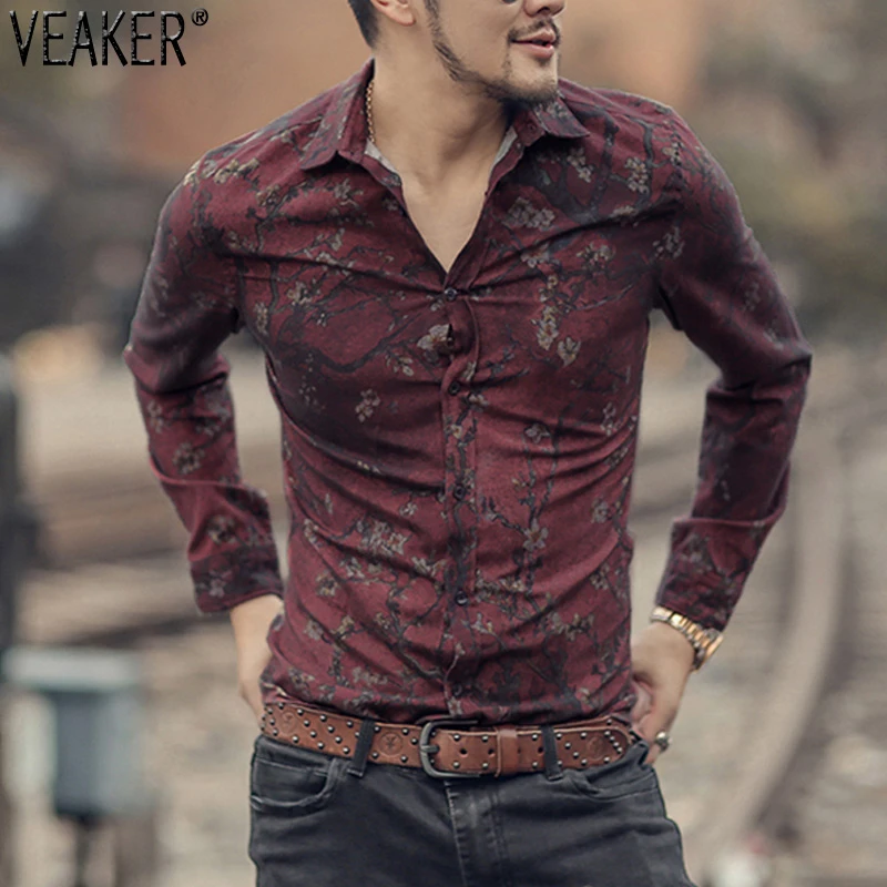 Shirt Men Slim Fit Flower Shirt Tops 