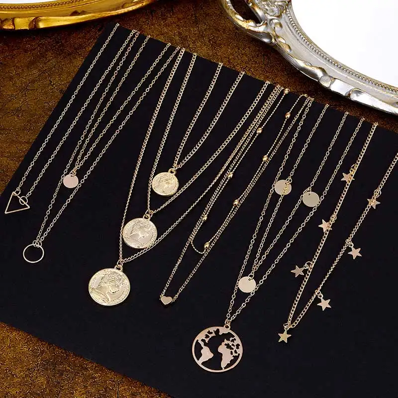 

IFMIA Vintage Multi Layered Necklace for Women Bohemian Coin Star Map Geometric Chain Round Pendant Necklace Collar Jewelry New