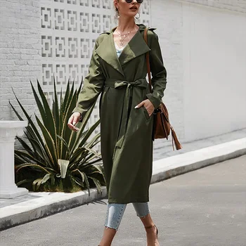 

SUMGIFT New Women's Mid-Length Solid Color Long-Sleeved Lace-Up Elegant Trench Coat Long Sleeves Female Clothing For Winter