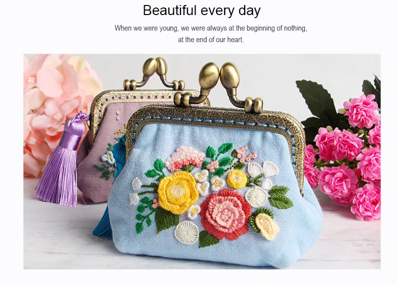 Embroidery DIY Ribbon Flowers Bags Purse Wallet Handbag, Cross Stitch Kit for Beginner Needlework Sewing Arts Craft Friend Gifts-12