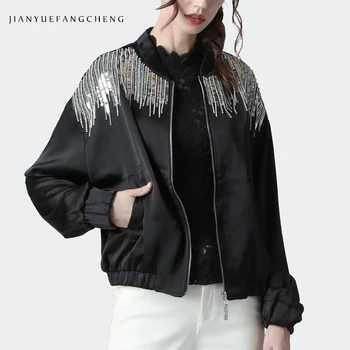 

Fashion Women Baseball Jacket Luxury Metal Sequin Loose Casual Autumn Winter Coat Solid Color Women' Top Bat Type Jackets Coat