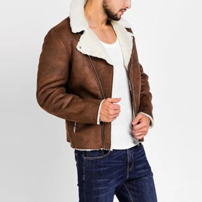 

Men's Casual Warm Slim Motorcycle Coat Biker Male Fashion Fur Lined Leather Jacket Outerwear Newest