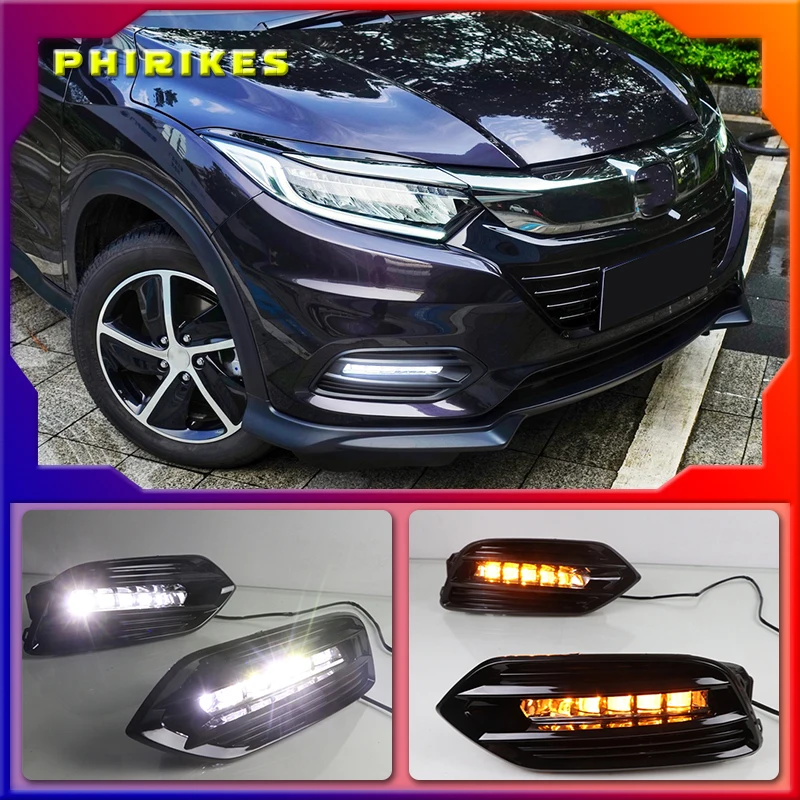 

Дневные ходовые огни, 2 шт., для Honda HRV HR-V Vezel 2019, желтый сигнал поворота, функция 12 В, автомобильные ДХО, противотуманные фары, украшение