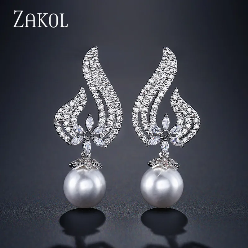 

ZAKOL Fashion Design White Gold CZ Zirconia Dangle Earings with Imitation Pearl for Elegant Female Wedding Jewelry Gift FSEP355