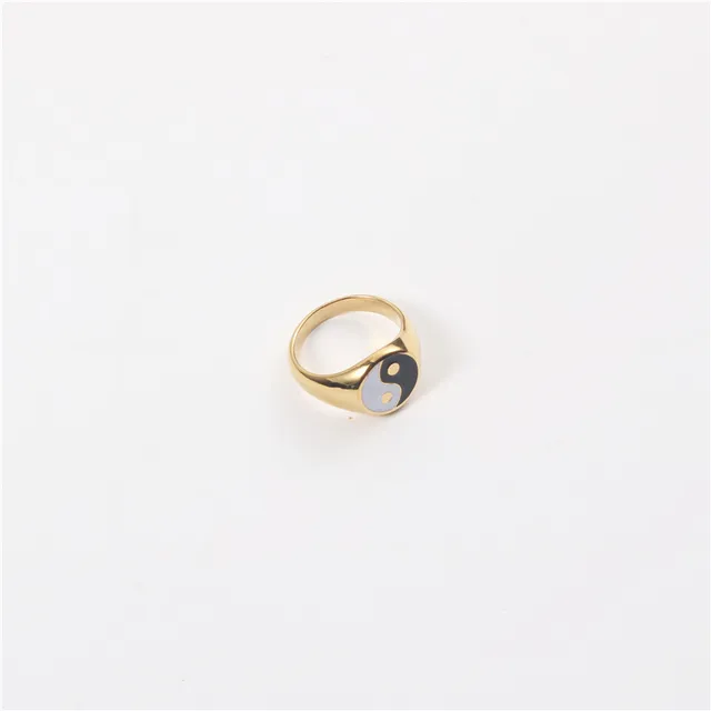 Peri'sBox Textured Circle Square Black Enamel Rings Yin and Yang Geometric Rings for Women Vintage Stainless Steel Jewelry 2020 Yin and Yang