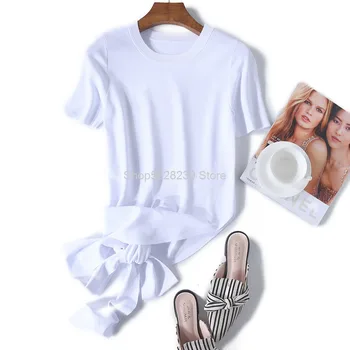 

Solid Color Round Neck Short Sleeve Women's Wear 2020 Season Commute Self-cultivation Slim Irregular Lace Knitting Shirt