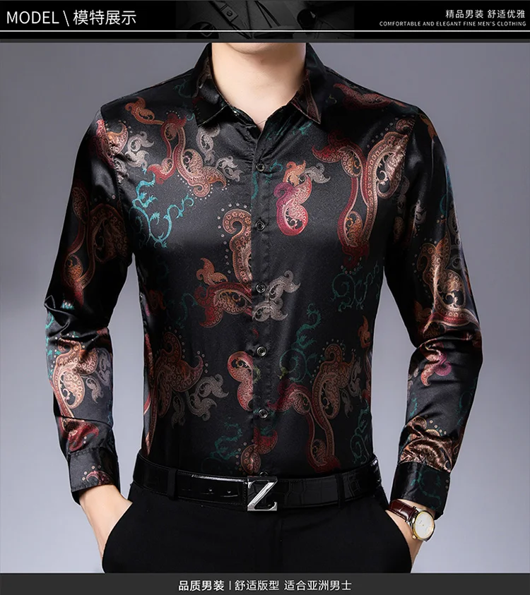 Шелковые рубашки, мужские Атласные Рубашки, новинка, зимние рубашки с цветочным принтом кешью, Мужская винтажная одежда, Клубная одежда в стиле барокко, приталенная одежда