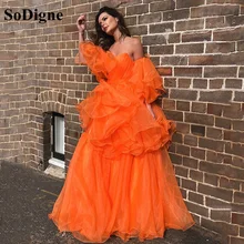 SoDigne vestido de noche de princesa naranja, Organza suave, sin hombros, capas, mangas largas, largo hasta el suelo, Vestido de fiesta de graduación