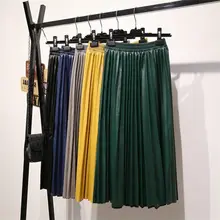 Модная из искусственной кожи Женская юбка Эластичная Высокая талия плиссированные юбки для женщин s Faldas элегантная уличная кожаная юбка однотонная Q2235
