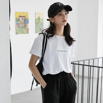 

Make small letters printing loose off han edition students round collar short sleeve T-shirt
