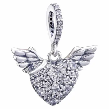 

New 925 Sterling Silver Bead Charm Sparkling Heart And Angel Wings With Crystal Pendant Beads Fit Bracelet Diy Jewelry