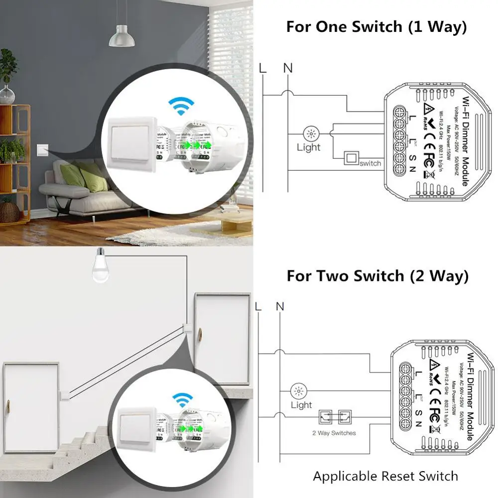 WiFi DIY Smart Light LED Dimmer Switch Smart Life Tuya APP Remote Control 1/2 Way Breaker,Works with Alexa Echo Google Home