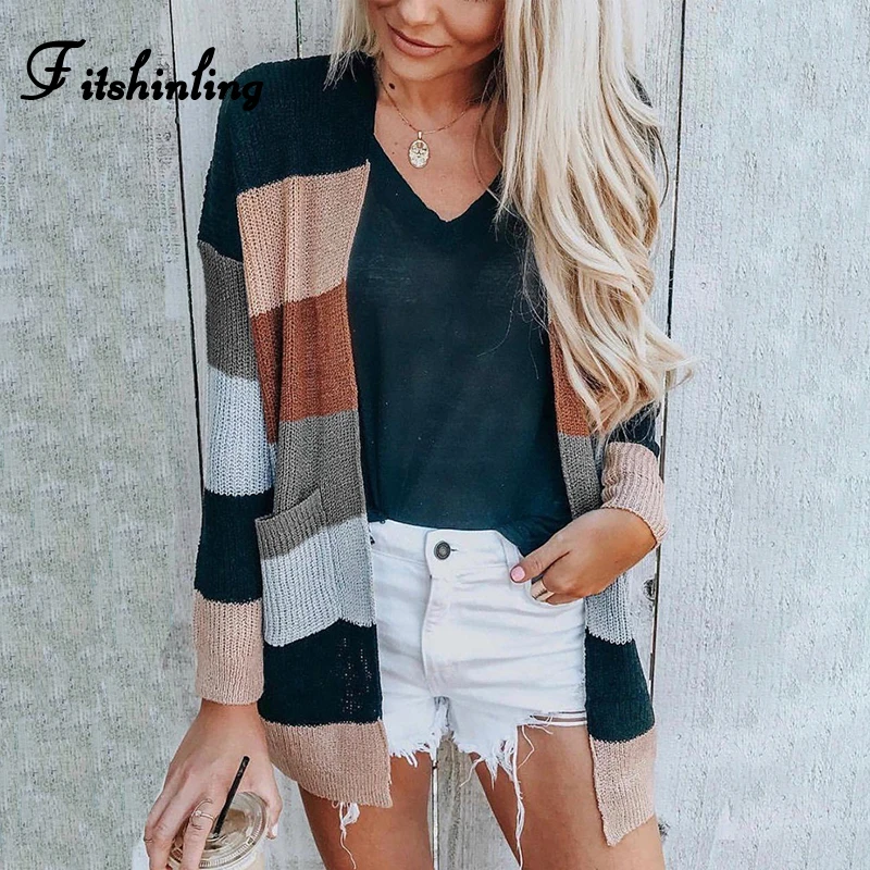 

Fitshinling Multicolor Striped Long Cardigan Female Clothes 2019 Winter Pockets Boho Knitted Cardigan For Women Jacket Outerwear