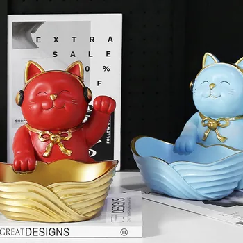 

Nordic Ins Creative Resin Lucky Cat Sculpture Ornaments Home Living Room Porch Key Small Object Storage Box Coffee Shop Decor