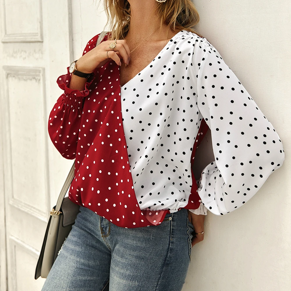 

SHIRT Fashion Women V neck Polka Dot Wave Point Ladies Sexy Lantern Long Sleeve Patchwork Autumn Shirts Female Clothes