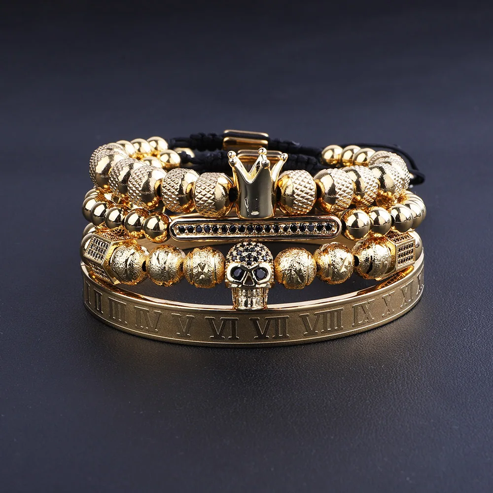 High Quality Men Jewelry Gold Stainless Steel Roman Bangle CZ Skull Charm Macrame Bracelet Set - Image 3