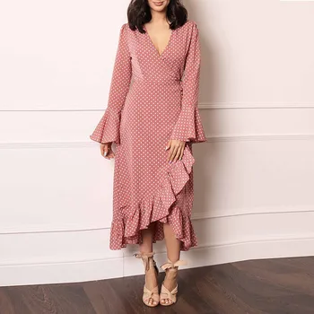 

Elegent Dress Womens V Neck Dot Print Long Sleeve Ruffled Flounce Irregular Asymmetrial Draped DrapedCasual Long Dress Shein