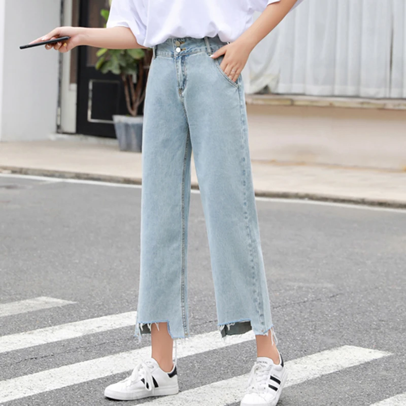 Irregular Fray Hem High Waist Wide Leg Loose Straight 9/10 Length Denim Capri Pants Cropped Jeans for Women Irregular Fray Hem High Waist Wide Leg Loose Straight 9/10 Length Denim Capri Pants Cropped Jeans for Women
