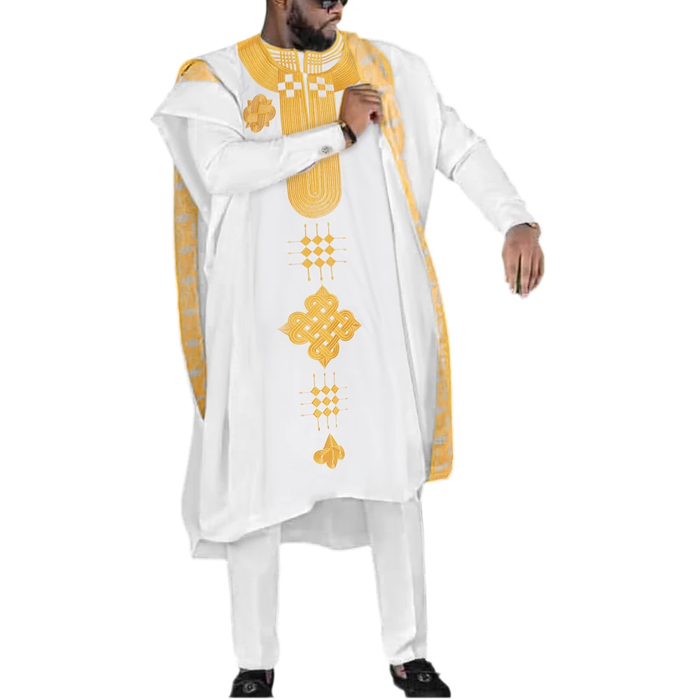 Мужская африканская традиционная одежда H &amp D с золотой вышивкой белая Agbada