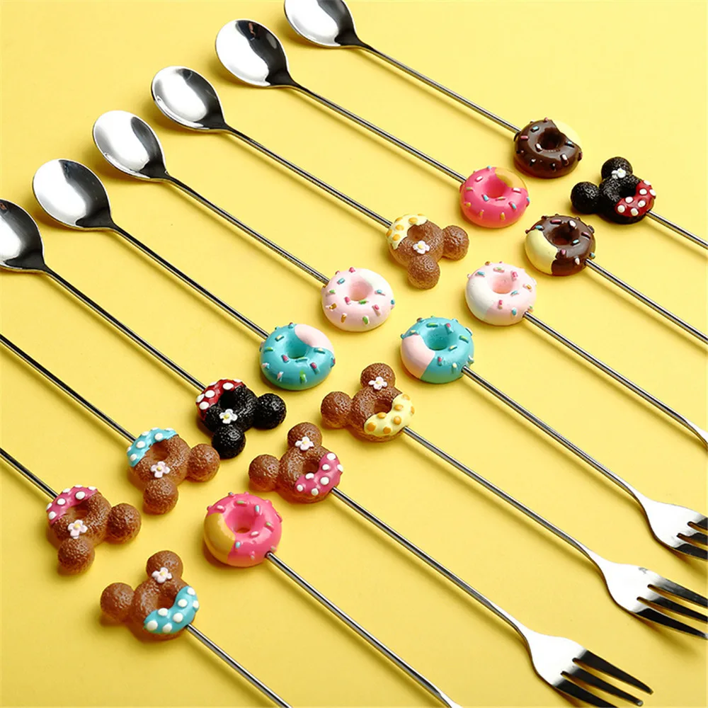 304 Stainless Steel Spoon Fork Cartoons Doughnut Silver Cutlery Coffee Dessert Tea Ice Cream Teaspoon Forks Dinnerware Tableware