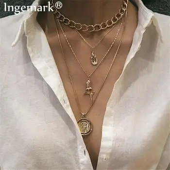 

Hip Hop Rock Rose Flower Thick Choker Necklace Collares Statement Punk Fire Angel Coin Long Pendant Necklace Women Prom Jewelry