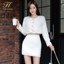 H Han Queen elegancka jesienna biała krótka, ołówkowa dopasowany do ciała strój spódnica jednorzędowa 2 szt. Garnitury praca biznesowa, ołówkowa gorąca