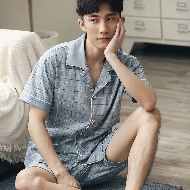 Summer Cotton Pajama Men Plaid Short Sleeve + pants Sleepwear Pyjama Hombre Short Pijamas Nightwear Homeclothes Plus Size 5XL