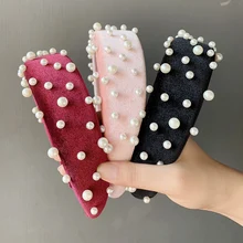 Бархатная утолщенная повязка на голову с жемчугом для зимы и осени, Жемчужная Повязка на голову, аксессуары для волос для женщин, нескользящие повязки на голову, вечерние, подарок