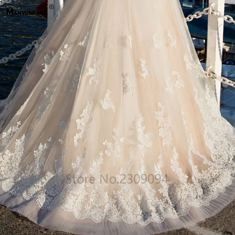 MANYUNFANG Кепки рукава светильник шампанское vestidos de novia с низким вырезом на спине Trouwjurken линия развертки Поезд свадебное платье
