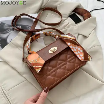 

Fashion Lattice Pattern Women Shoulder Commuter Bag Silk Scarf Handle PU Leather Solid Color Hasp Crossbody Handbags