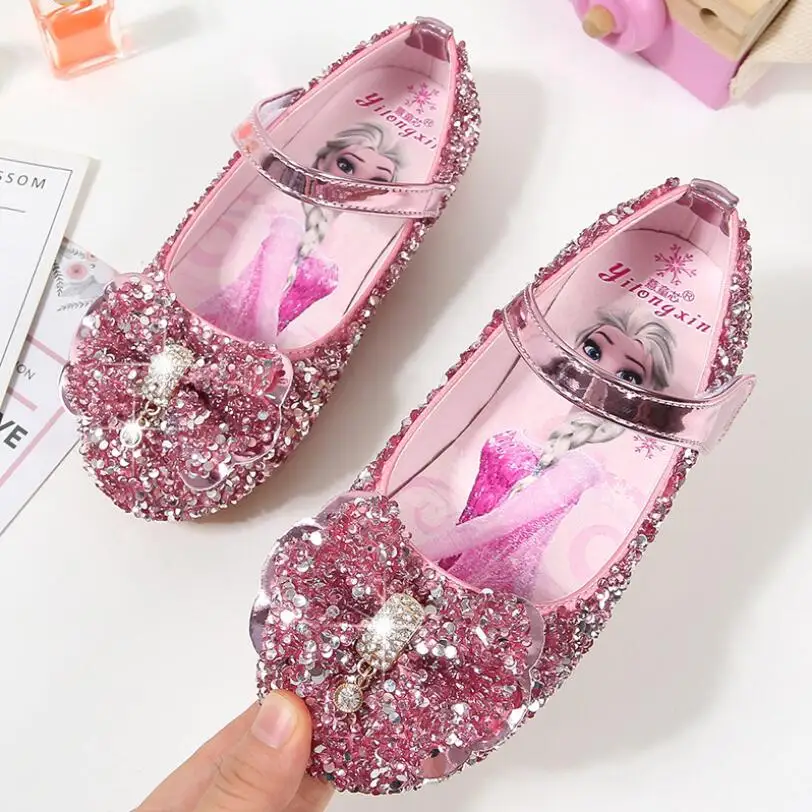 

New Princess Elsa Kids Leather Shoes For Girls Bow Casual Glitter Children Girls Shoes Butterfly Knot Soft Cartoon Sneakers
