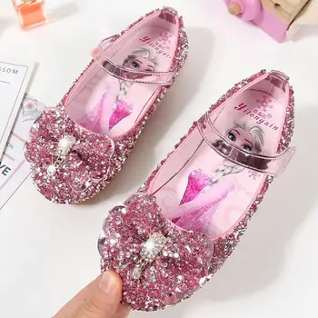 

New Princess Elsa Kids Leather Shoes For Girls Bow Casual Glitter Children Girls Shoes Butterfly Knot Soft Cartoon Sneakers