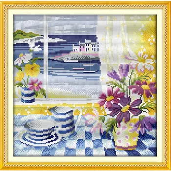 

DMC Cross Stitch 11CT The landscape out of the window DIY Needlework Kit for ribbon Embroidery Knitting Needles diy Craft