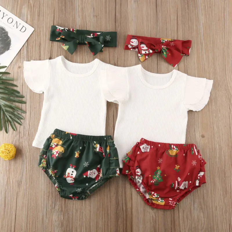 Рождественские комплекты одежды для маленьких девочек, одинаковая Рождественская футболка, платье на лямках, шорты, повязка на голову