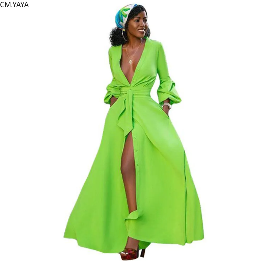 

Women Long Sleeve Turn-down Neck Button Up High Waist Sashes Long Dress Female Elegant High Slit Maxi Dresses Vestidos GL6206