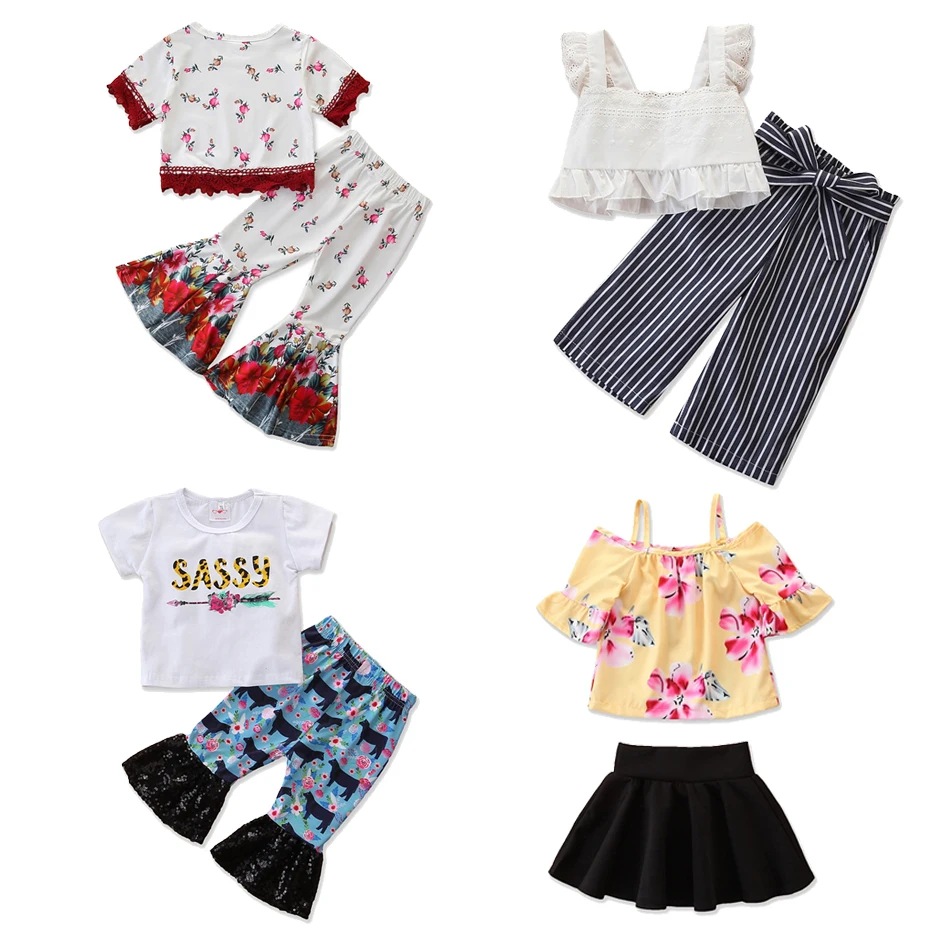 

Girl T Shirt Suit with Letter Print Floral Girls Baby 2pcs Set with Lace Wide Leg Pants Short Sleeves Shirts Pants Skirt Clothin