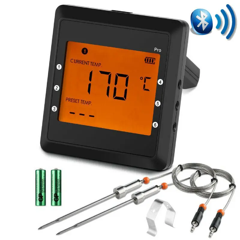

BBQ Digital Meat Thermometer Cooking Thermometer LCD Display + APP Controlled Bluetooth 160 Feet WITH 2pcs Probes + 2pcs Battery