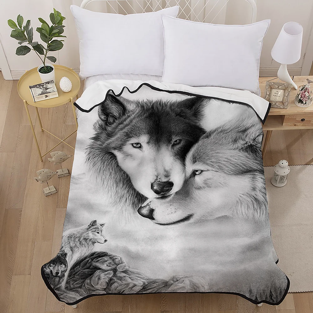 

Luxury Flannel Blanket High Quality for Winter Beds Car Soft Bedspreads Warm Sheets with Black and White Couple Wolves 2019 New