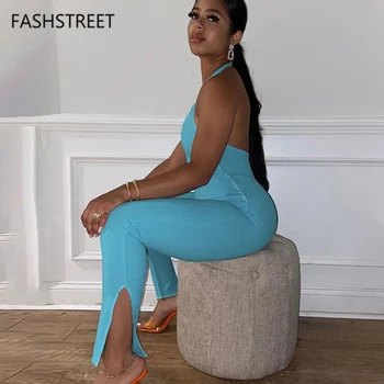 

FASHSTREET Sexy Halter Hollow Out Basic Skinny Jumpsuit 2020 Summer Women Solid Backless Split Sleeveless Fitness Romper Outfits