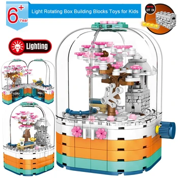

Creative LED Light Rotating Box Building Blocks Friends DIY Model View Cherry Blossom House Tree Bricks Toys For Children