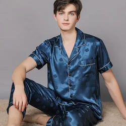 Summer Thin Men Pajama Sets Fashion Print Ice Silk Pajamas Plus Size Men's Sets Casual Sleepwear Pijama+Long Pants Pyjama Sets
